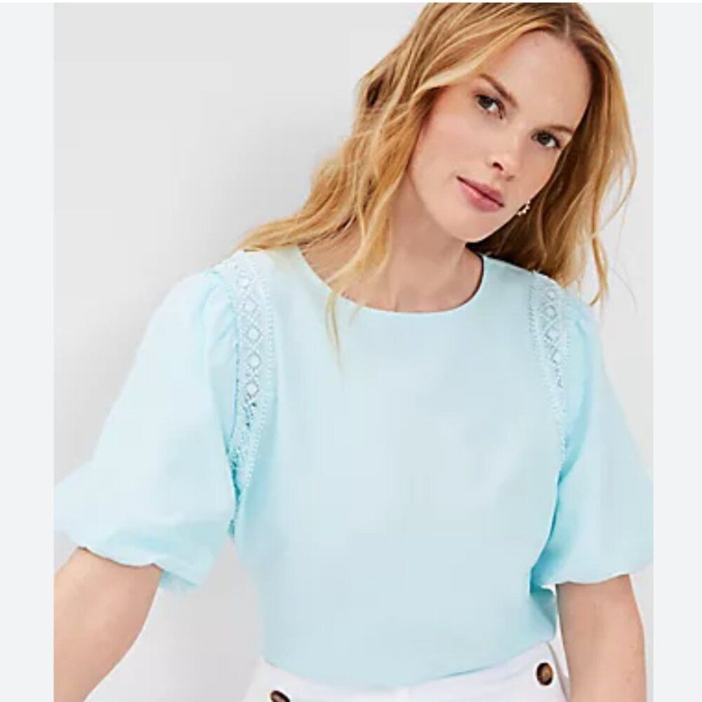 ✨🌿‎ Ann Taylor Lace Trim Mixed Media Top – Aqua (NEW WITH TAG)✨🌿